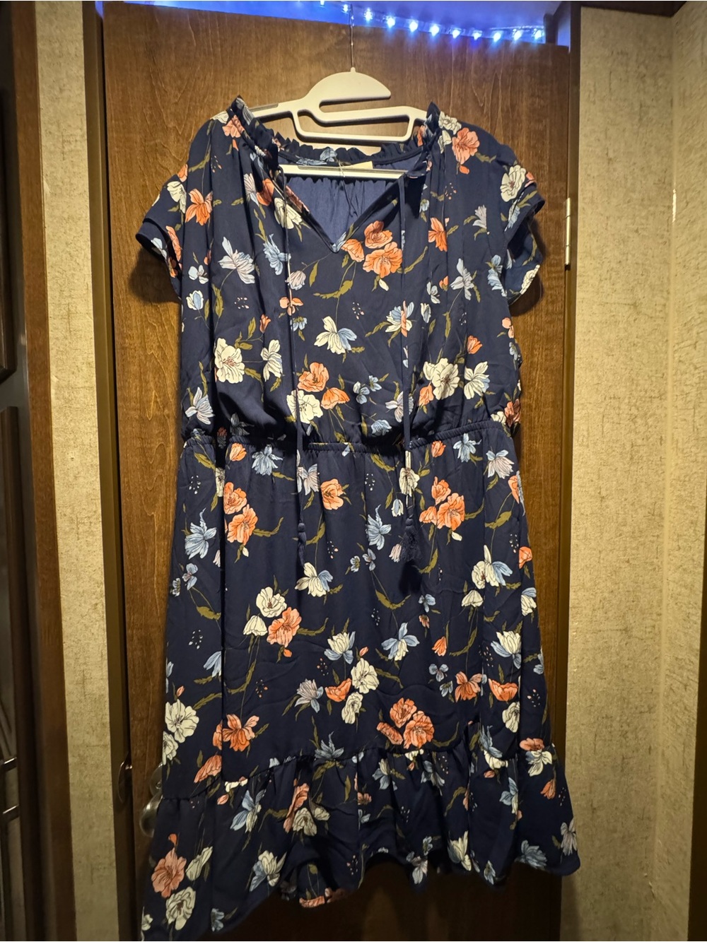 Navy Floral Midi Dress with V-Neck and Drawstring Waist